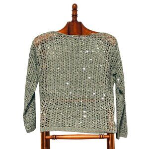 Zara Sequin Knit Silver Crewneck Top Size M